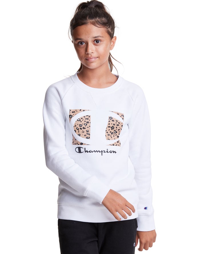 Champion Girls Hoodie NZ - Fleece Raglan Crew Leopard Knockout Logo White ( 4517-PBNKU )